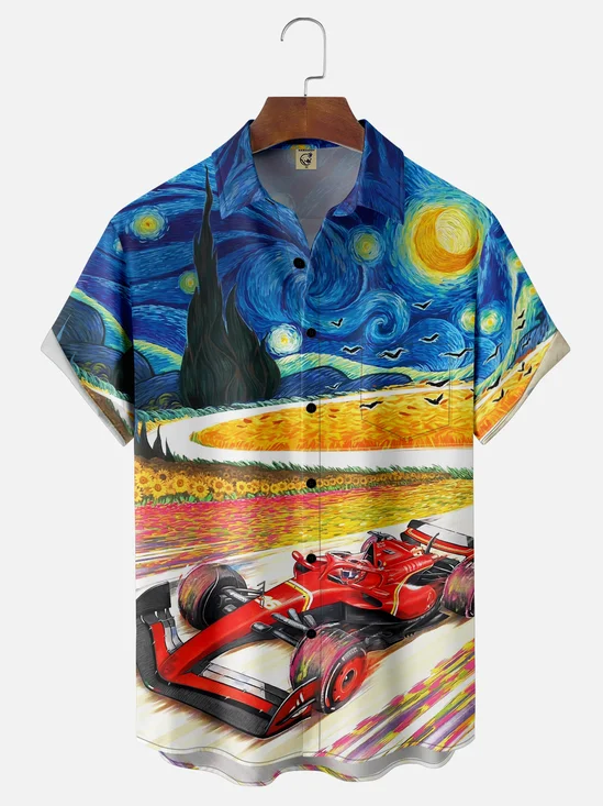 Moisture-wicking Racing Car Painting Chest Pocket Casual Shirt