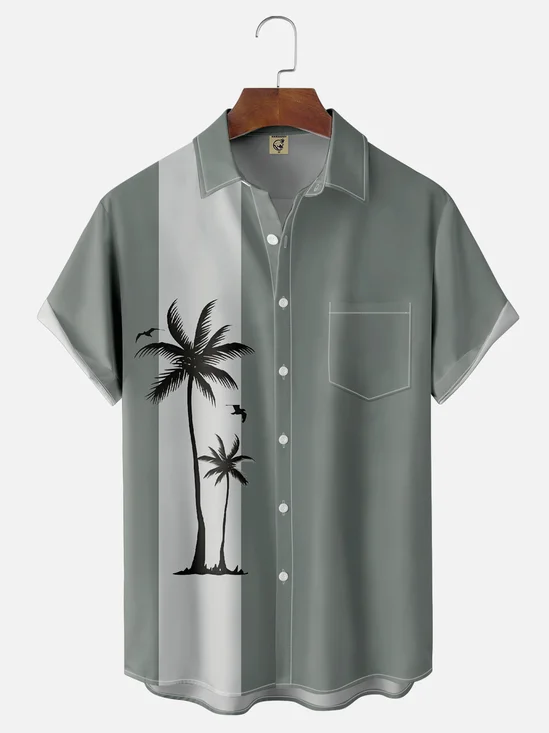 Tall Size Moisture-wicking Palm Tree Chest Pocket Bowling Shirt