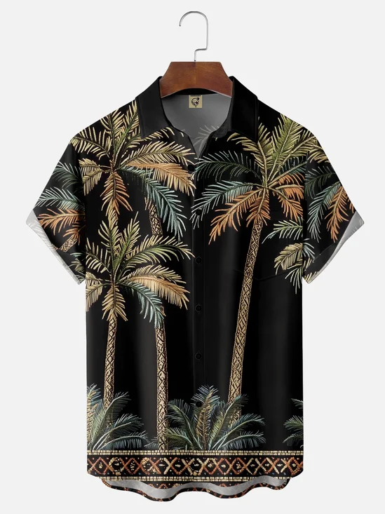 Moisture-wicking Vintage Coconut Tree Print Chest Pocket Hawaiian Shirt