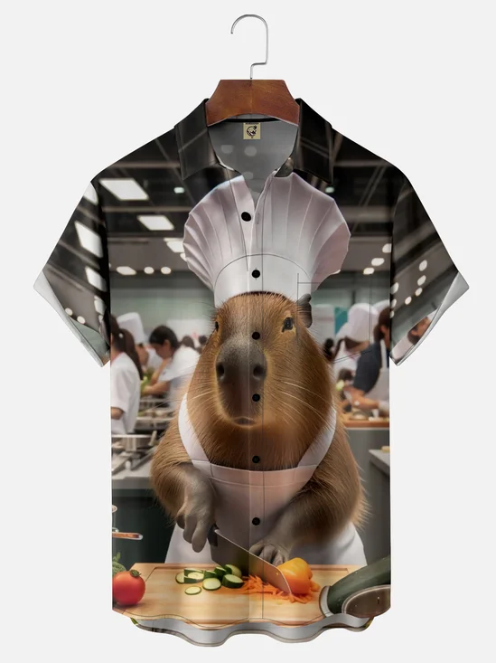 Moisture-wicking Chef Capybara Chest Pocket Casual Shirt