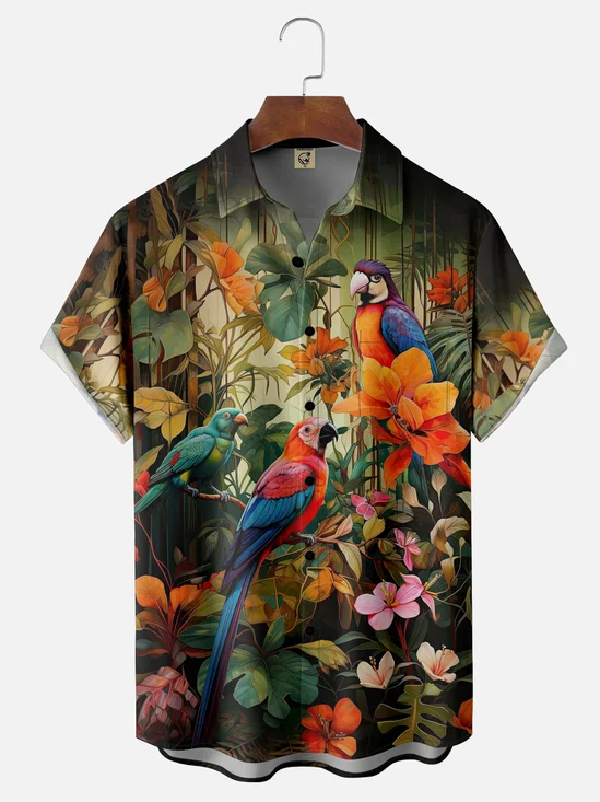 Moisture-wicking Tropical Parrots Chest Pocket Hawaiian Shirt