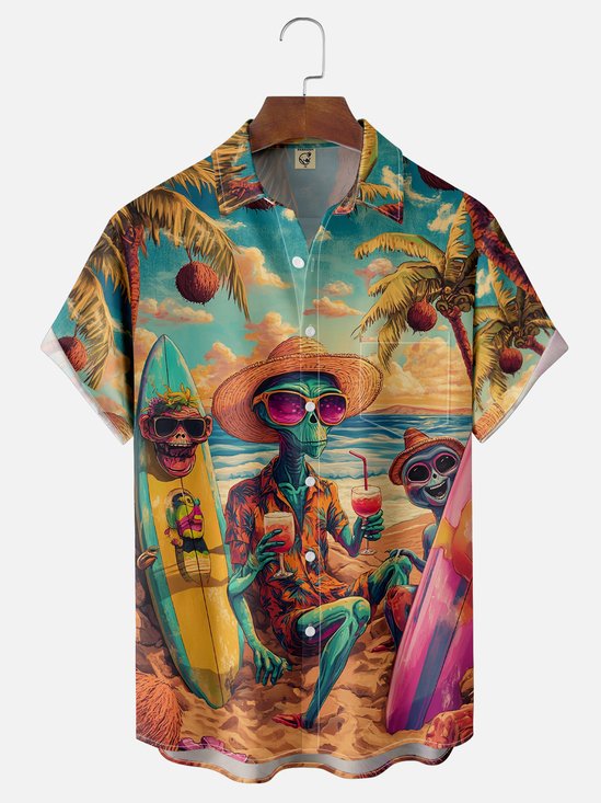 Moisture Wicking Tropical Seascape Plants Alien Chest Pocket Hawaiian Shirt