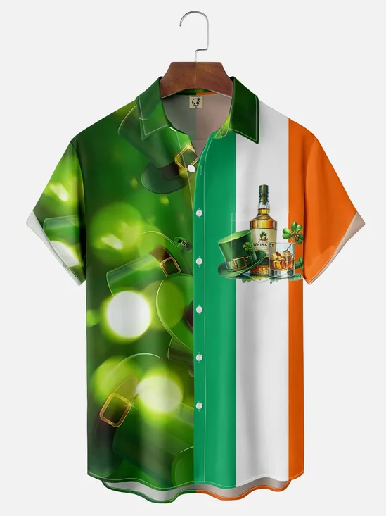 Moisture-wicking St. Patrick's Day Lucky Irish Flag Chest Pocket Casual Shirt