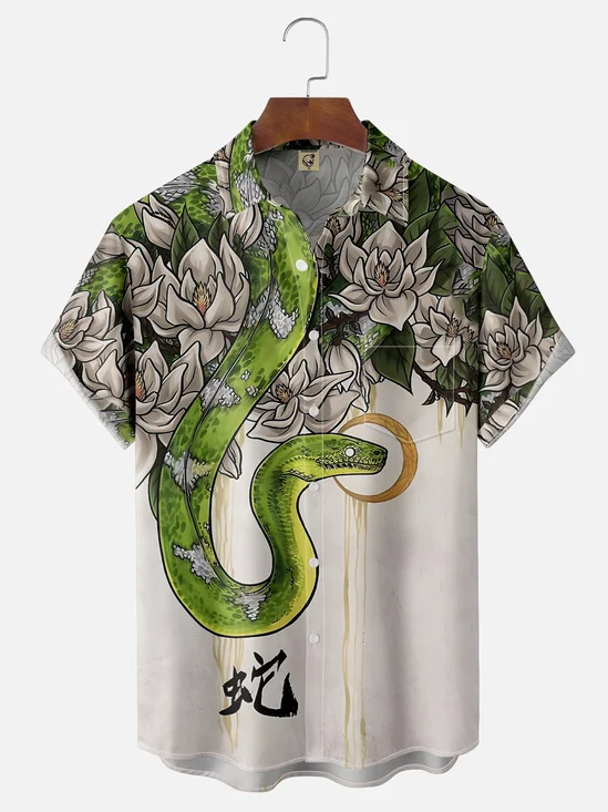 Moisture-wicking Lunar New Year Snake Art Chest Pocket Hawaiian Shirt