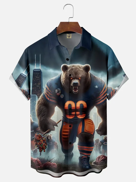 Moisture-wicking Chicago Football Art Brown Bears Chest Pocket Casual Shirt