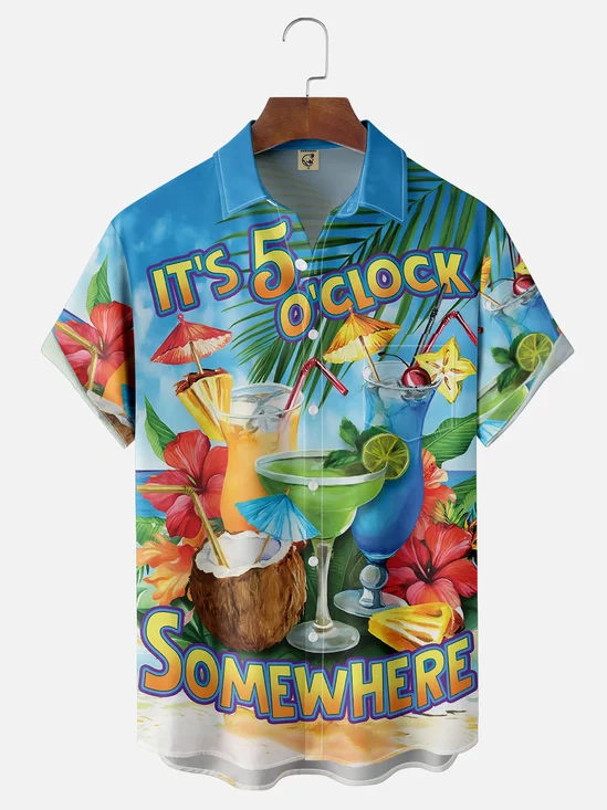 Moisture-wicking Its 5 Oclock Somewhere Cocktail Chest Pocket Hawaiian Shirt