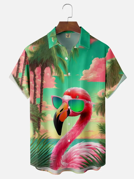 Moisture-wicking Flamingo Art Chest Pocket Hawaiian Shirt