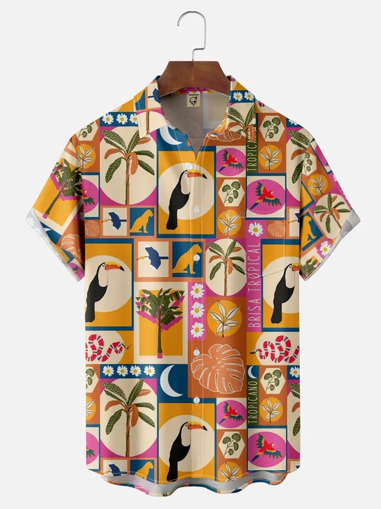 Moisture-wicking Toucan Coconut Tree Trellis Chest Pocket Hawaiian Shirt