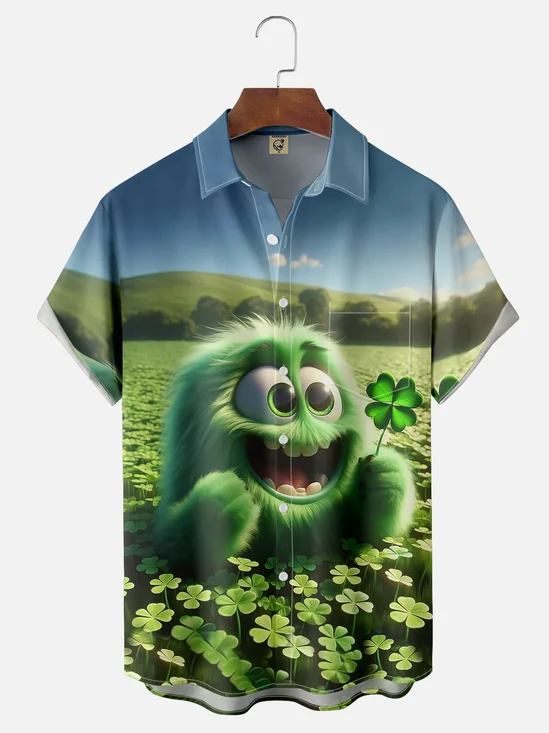Moisture-wicking St. Patrick's Day Monster Lucky Clover Chest Pocket Casual Shirt