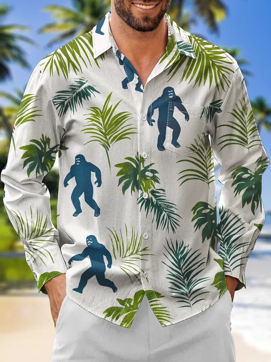 Moisture Wicking Plant Bigfoot Chest Pocket Long Sleeves Hawaiian Shirt
