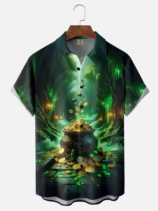 Moisture-wicking St. Patrick'S Day Pot of Gold Shamrock Gnome Chest Pocket Casual Shirt