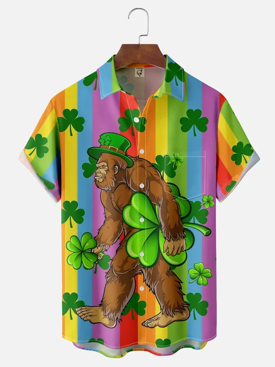 Moisture-wicking St Patrick's Day Bigfoot Shamrock Chest Pocket Hawaiian Shirt