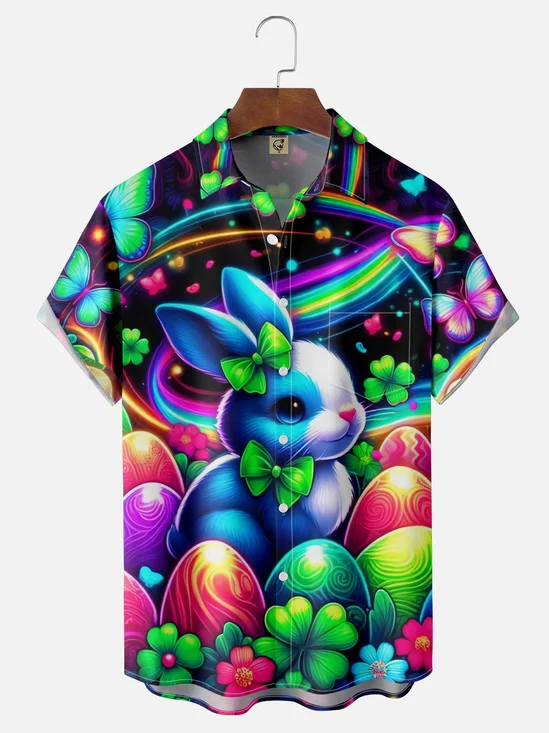 Moisture Wicking Easter Neon Art Easter Eggs Bunny Chest Pocket Hawaiian Shirt