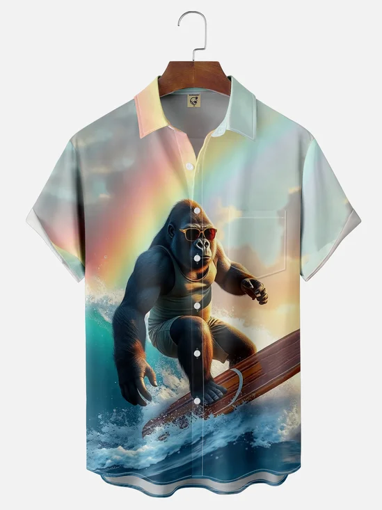 Moisture-wicking Bigfoot Chimpanzee Surfing Chest Pocket Hawaiian Shirt
