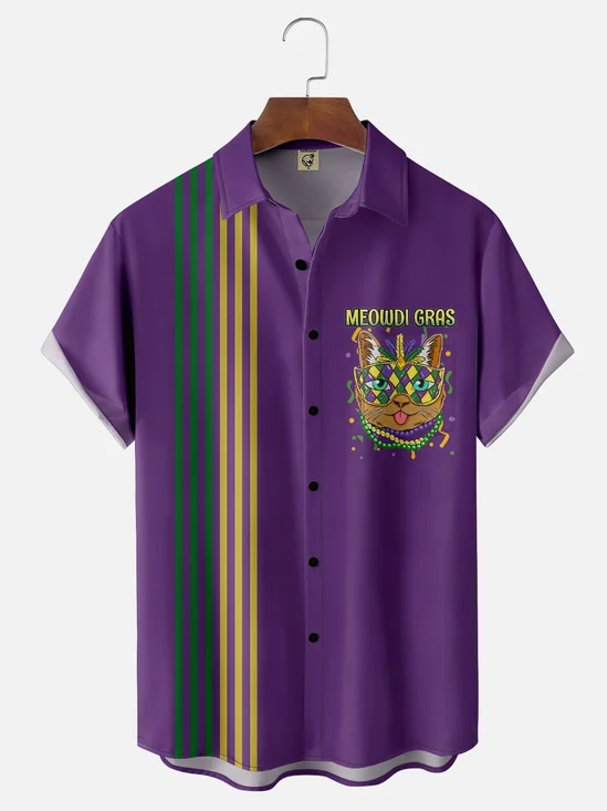 Moisture-wicking Mardi Gras Carnival Cat Mask Chest Pocket Bowling Shirt