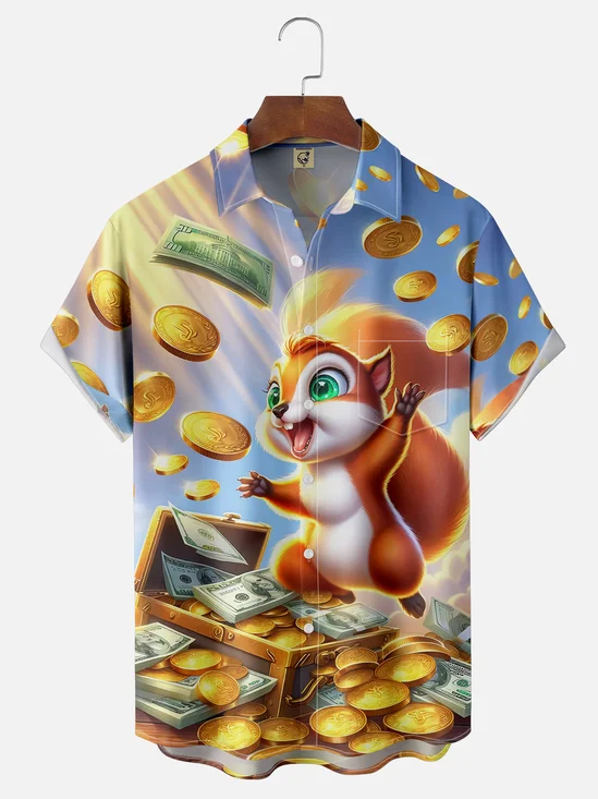 Moisture-wicking St Patrick‘s Day Squirrel Gold Coin Chest Pocket Hawaiian Shirt