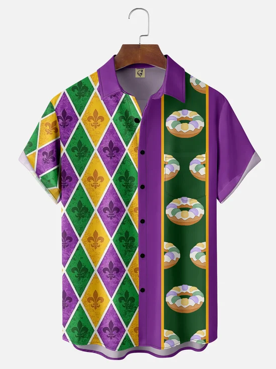 Moisture-wicking Mardi Gras King Cake Stripes Chest Pocket Bowling Shirt