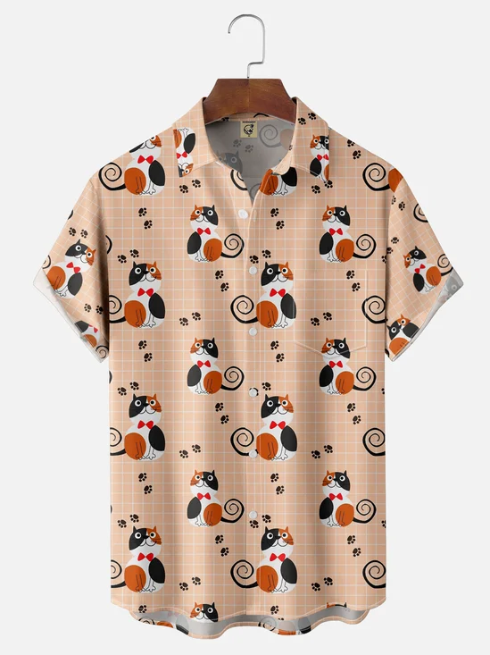 Moisture-wicking Plaid Cats Chest Pocket Casual Shirt