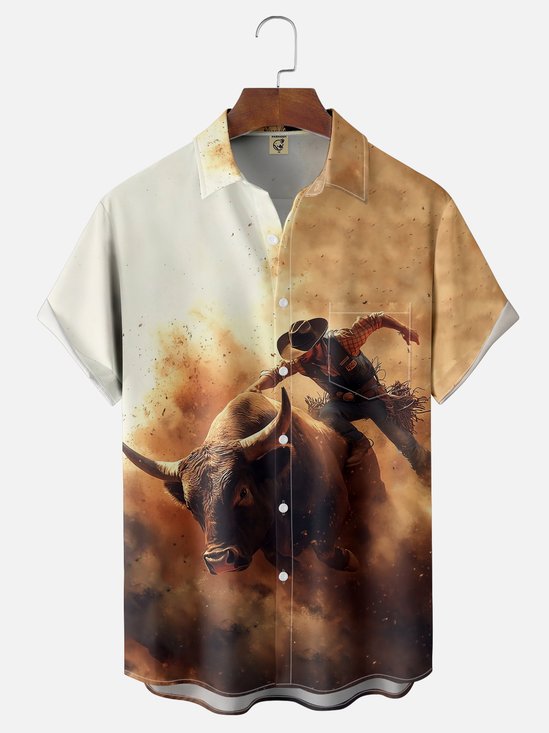 Moisture-wicking Bison Western Cowboy Chest Pocket Casual Shirt