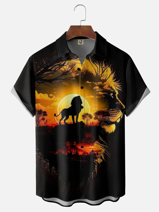 Moisture Wicking Lion Chest Pocket Casual Hawaiian Shirt