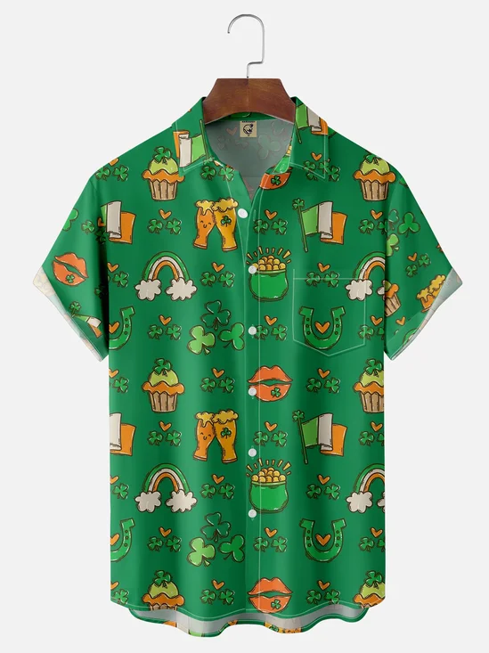 Moisture Wicking St. Patrick's Day Shamrock Beer Chest Pocket Hawaiian Shirt