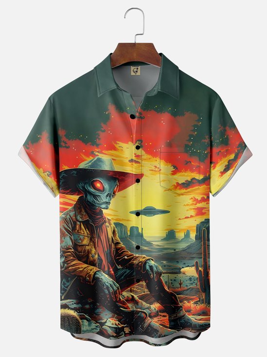Moisture-wicking Alien Cactus Chest Pocket Casual Shirt
