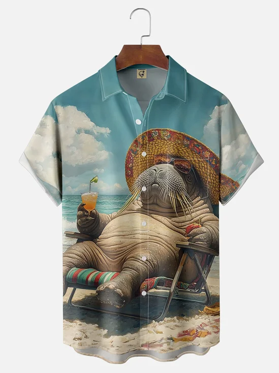 Moisture-wicking Ocean Walrus Relaxing Beach Vacation Chest Pocket Hawaiian Shirt
