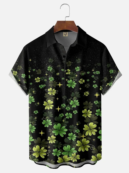 Moisture Wicking St. Patrick's Day Four Leaf Clover Chest Pocket Hawaiian Shirt