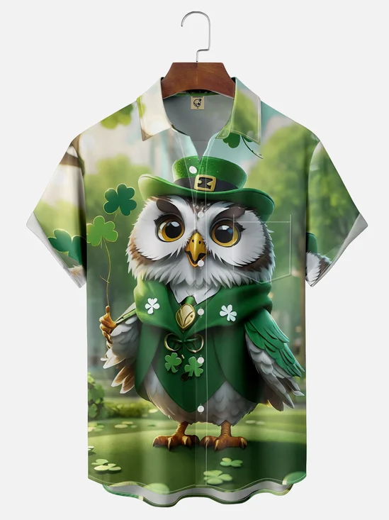 Moisture Wicking St. Patrick's Day Shamrock Owl Chest Pocket Hawaiian Shirt