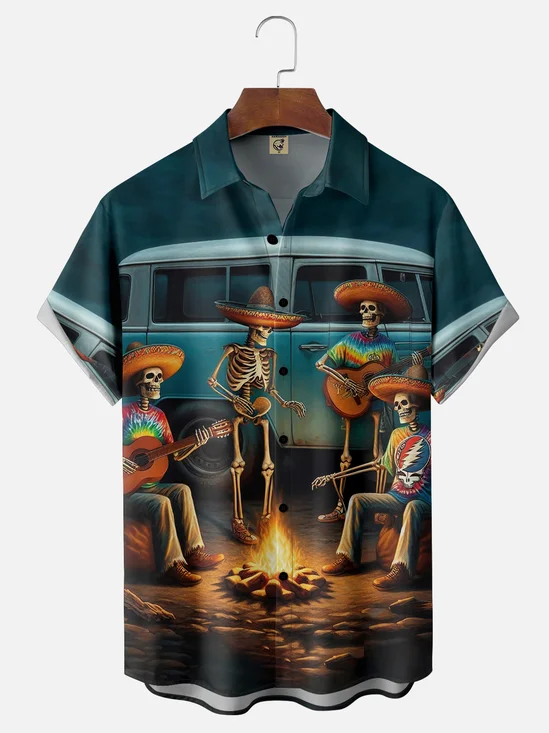 Moisture-wicking Mexican Skeleton Guitar Music Chest Pocket Casual Shirt