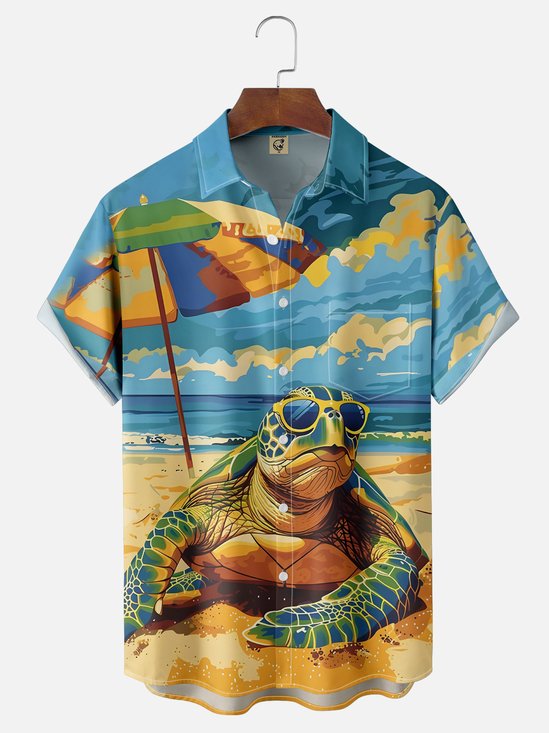 Moisture-wicking Turtle Beach Umbrellas Chest Pocket Hawaiian Shirt