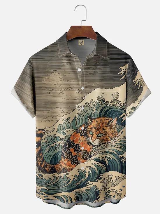 Moisture Wicking Ukiyo-e Surf Cat Chest Pocket Hawaiian Shirt