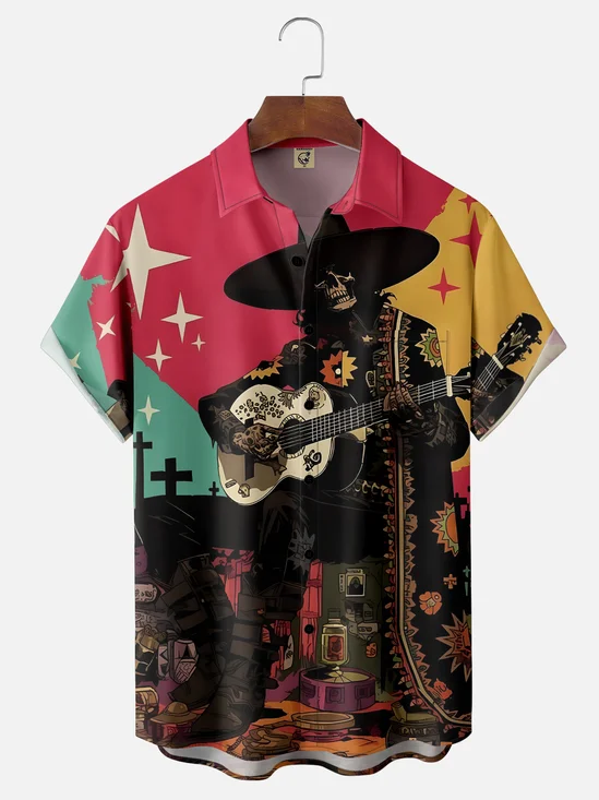 Moisture-wicking Mexican Skeleton Guitar Music Chest Pocket Casual Shirt
