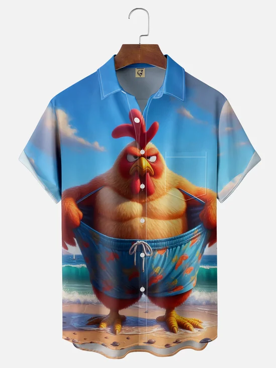 Moisture Wicking Beach Chicken Vacation Chest Pocket Hawaiian Shirt