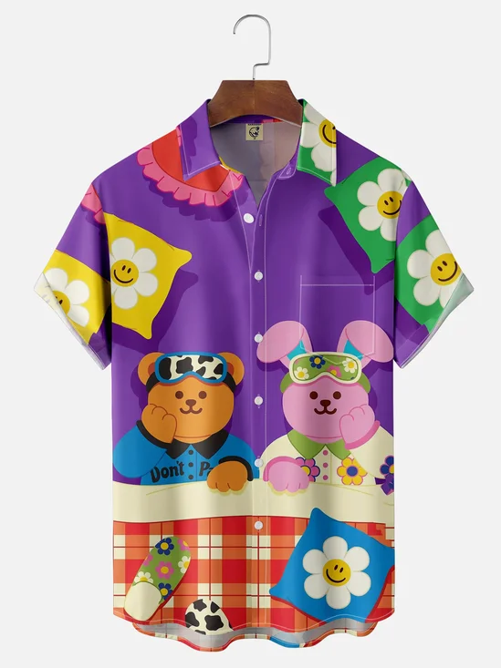 Moisture-wicking Cartoon Bear Rabbit Chest Pocket Casual Shirt