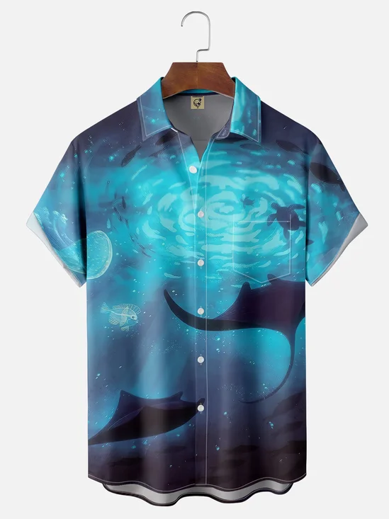 Moisture-wicking Ocean Art Manta Blue Chest Pocket Hawaiian Shirt