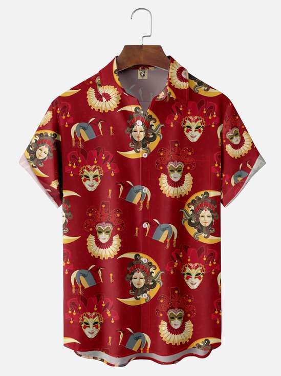 Moisture-wicking Mardi Gras Mask Moon Chest Pocket Casual Shirt
