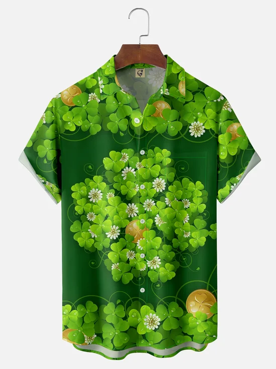 Moisture-wicking St. Patrick's Day Four Leaf Clover Gold Coin Chest Pocket Casual Shirt