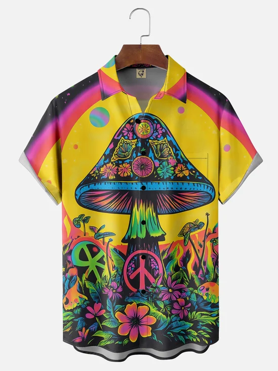 Moisture-wicking Hippie Peace&Love Mushroom Chest Pocket Casual Shirt