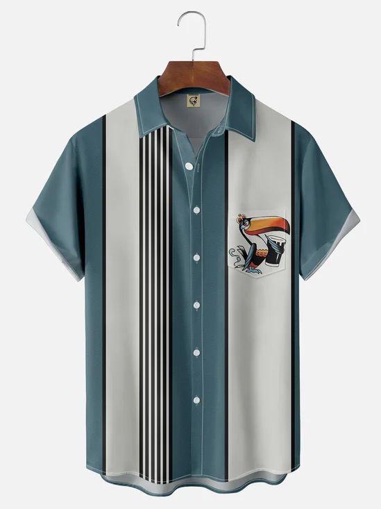 Moisture-wicking Art Painting Toucan Chest Pocket Bowling Shirt