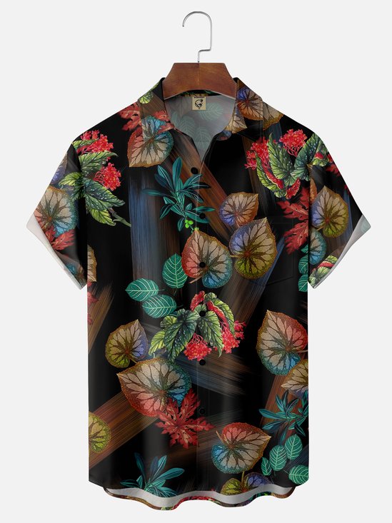 Moisture-wicking Tropical Plant Art Texture Chest Pocket Hawaiian Shirt