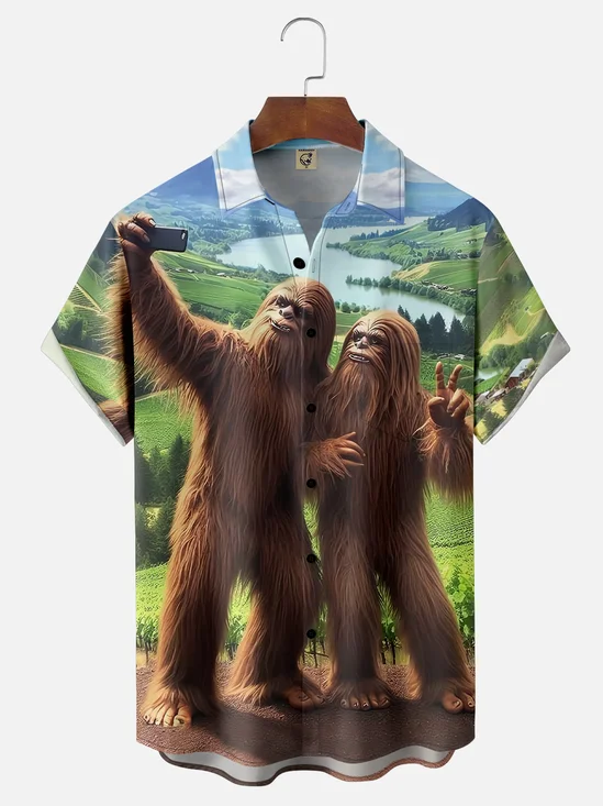 Moisture-wicking Bigfoot Spring Outing Selfie Chest Pocket Hawaiian Shirt