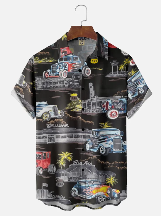 Coconut Tree Vintage Car Chest Pocket Short Sleeve Hawaiian Shirt