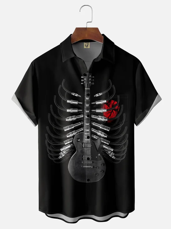 Moisture-wicking Music Guitar Skull Chest Pocket Casual Shirt