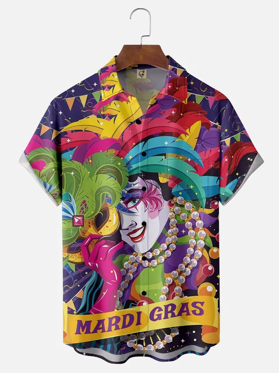 Moisture-wicking Mardi Gras Happy Mask Art Purple Chest Pocket Casual Shirt