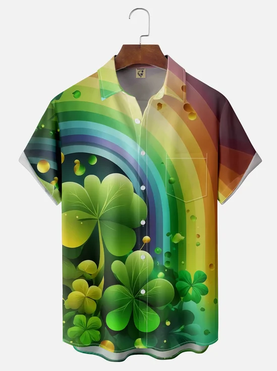 Moisture-wicking St. Patrick's Day Fantasy Lucky Four-Leaf Clover Chest Pocket Casual Shirt