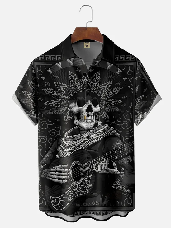 Moisture-wicking Cinco de Mayo Day of the Death Mexican Music Guitar Skeleton Chest Pocket Casual Shirt