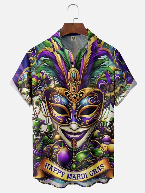 Moisture-wicking Mardi Gras Happy Mask Art Painting Chest Pocket Casual Shirt