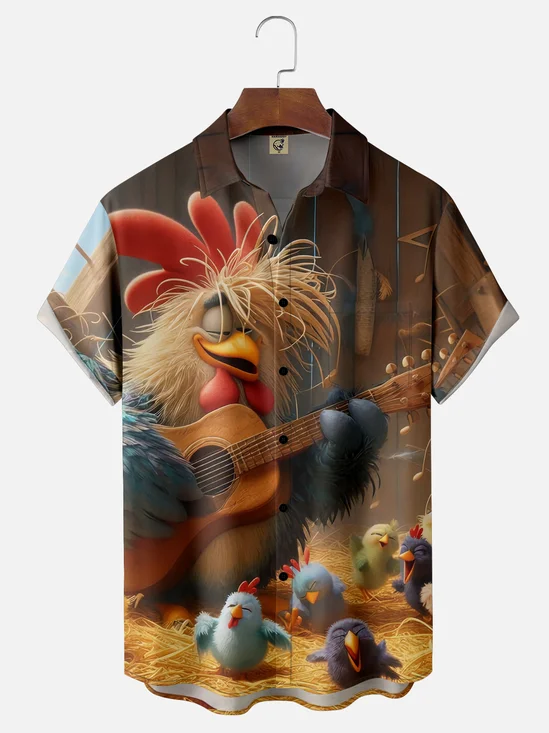 Moisture Wicking Music Chicken Party Chest Pocket Hawaiian Shirt
