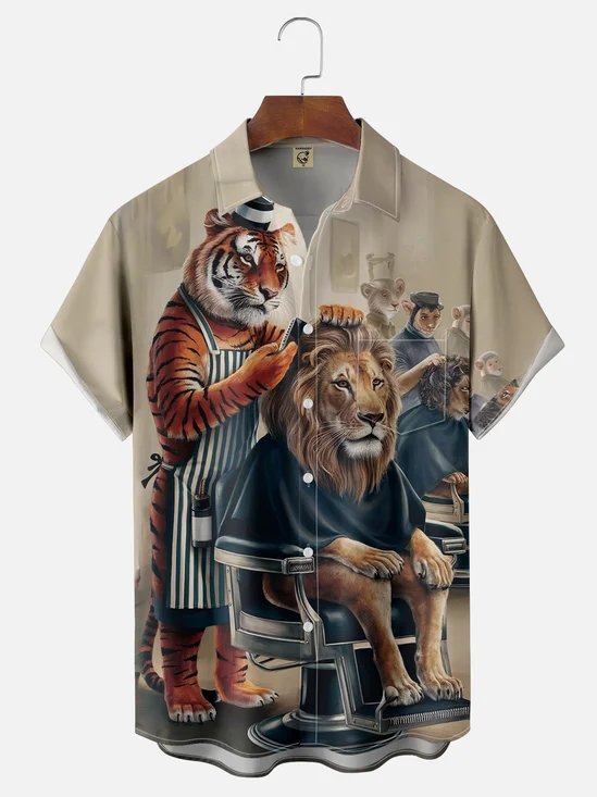 Moisture-wicking Tiger and Lion Haircut Art Chest Pocket Hawaiian Shirt